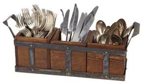 silverware in wood container